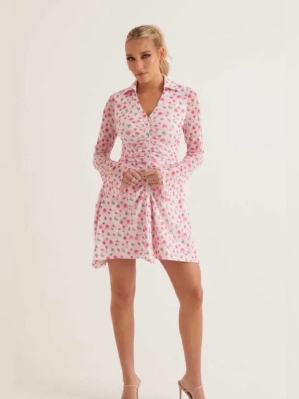 Alana Eve Pink Floral Mini Dress Long Sleeve Button Front Garden Rose NWT Small